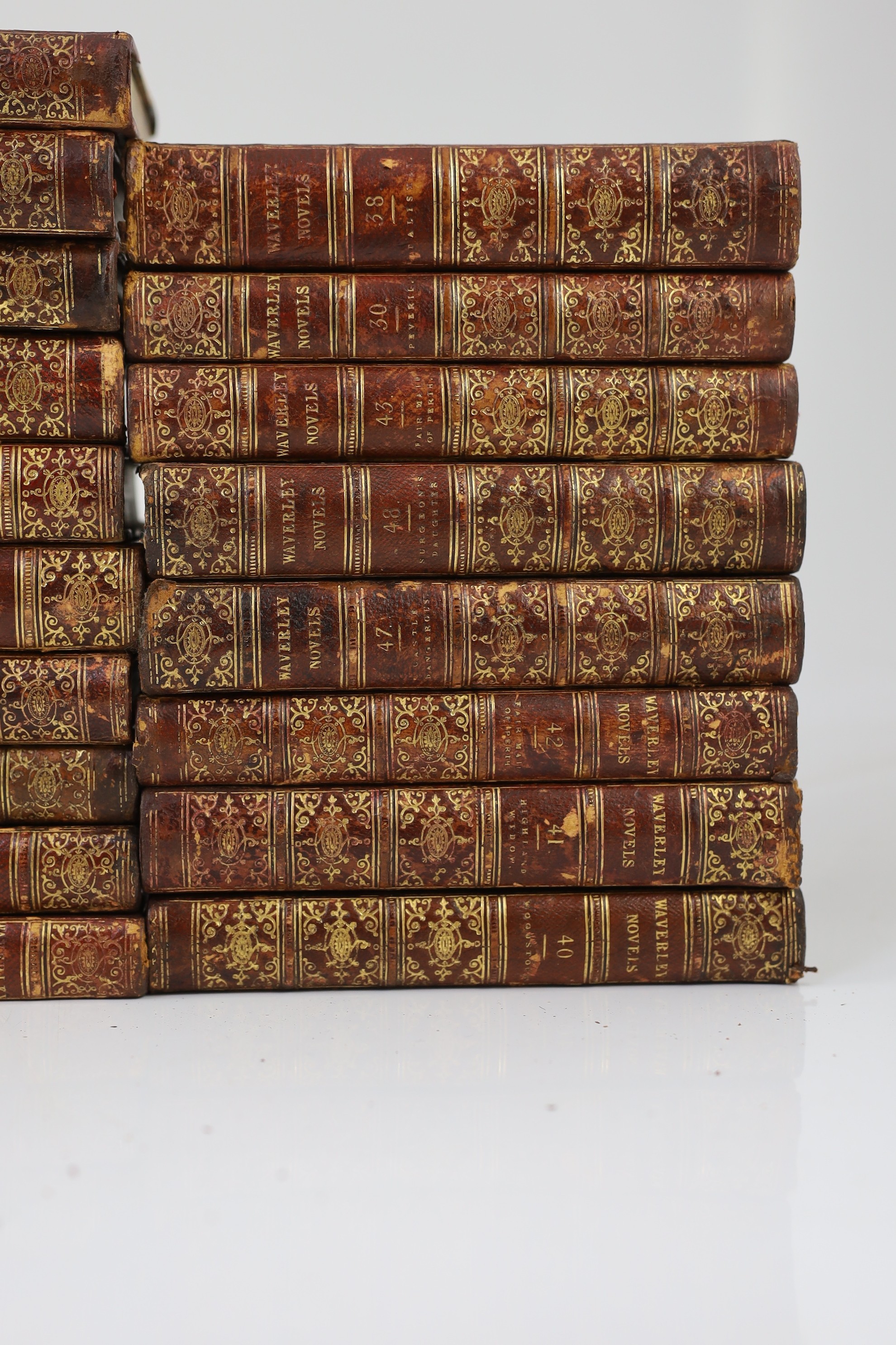 Scott, Sir Walker - Waverley Novels, 48 vols., engraved pictorial and printed titles, frontispieces; contemp. gilt-decorated maroon half morocco and marbled boards with panelled spines, marbled edges and e/ps., sm.8vo. E